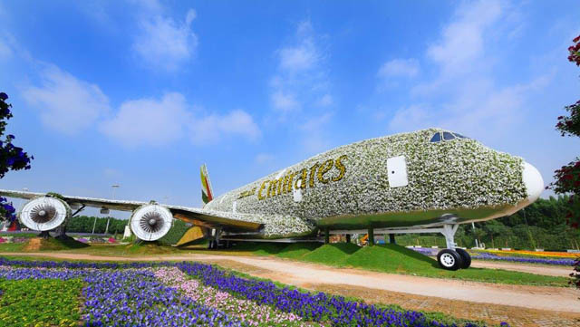 Emirates A380 in Blumengarten